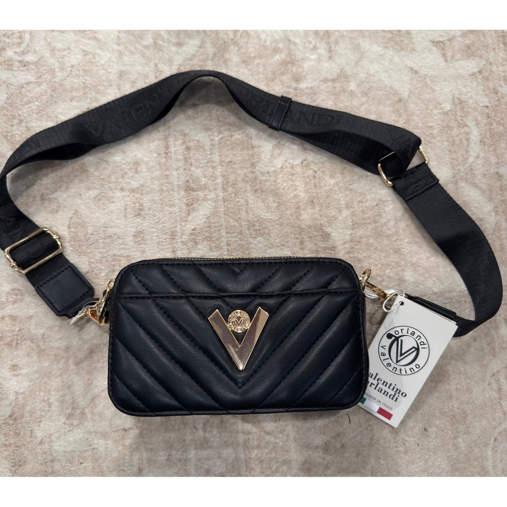 Valentino Orlandi Black Quilted V Logo Camera Bag Crossbody NWT